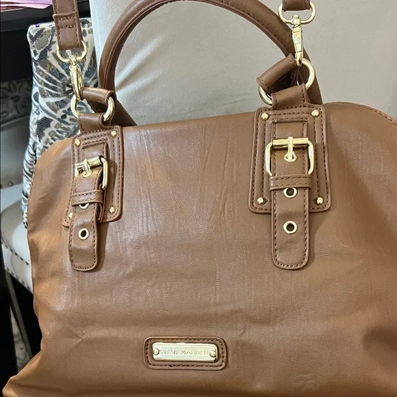 Steve Madden Brown, Gray, White Woven Handbag, Yellow Liner - NWOT Vegan Leather - Picture 3 of 8